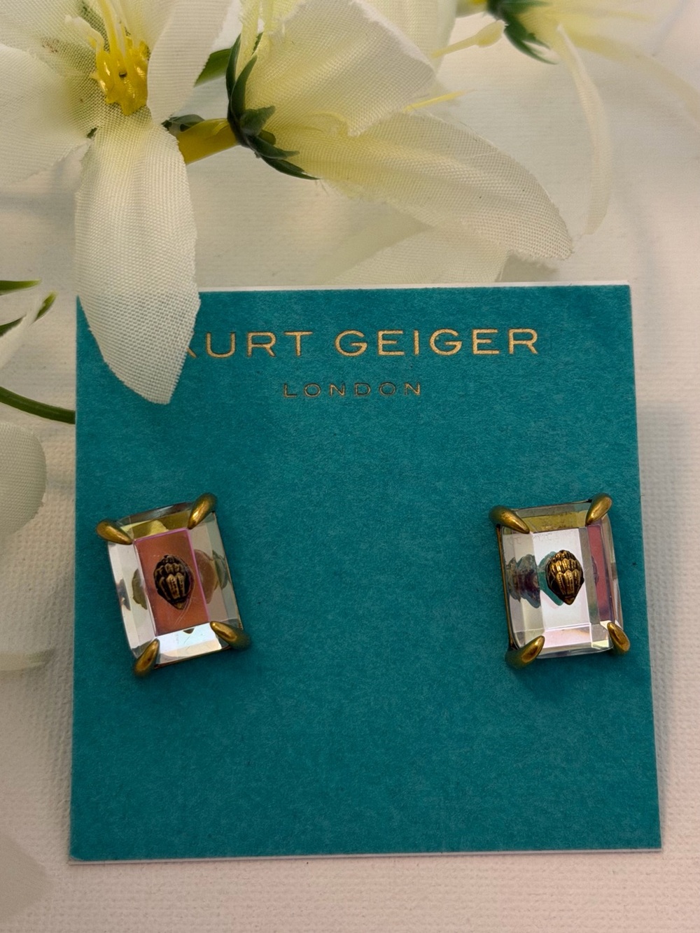 Ted Baker Pink Crystal Rectangular Stud Earrings with Gold Accents